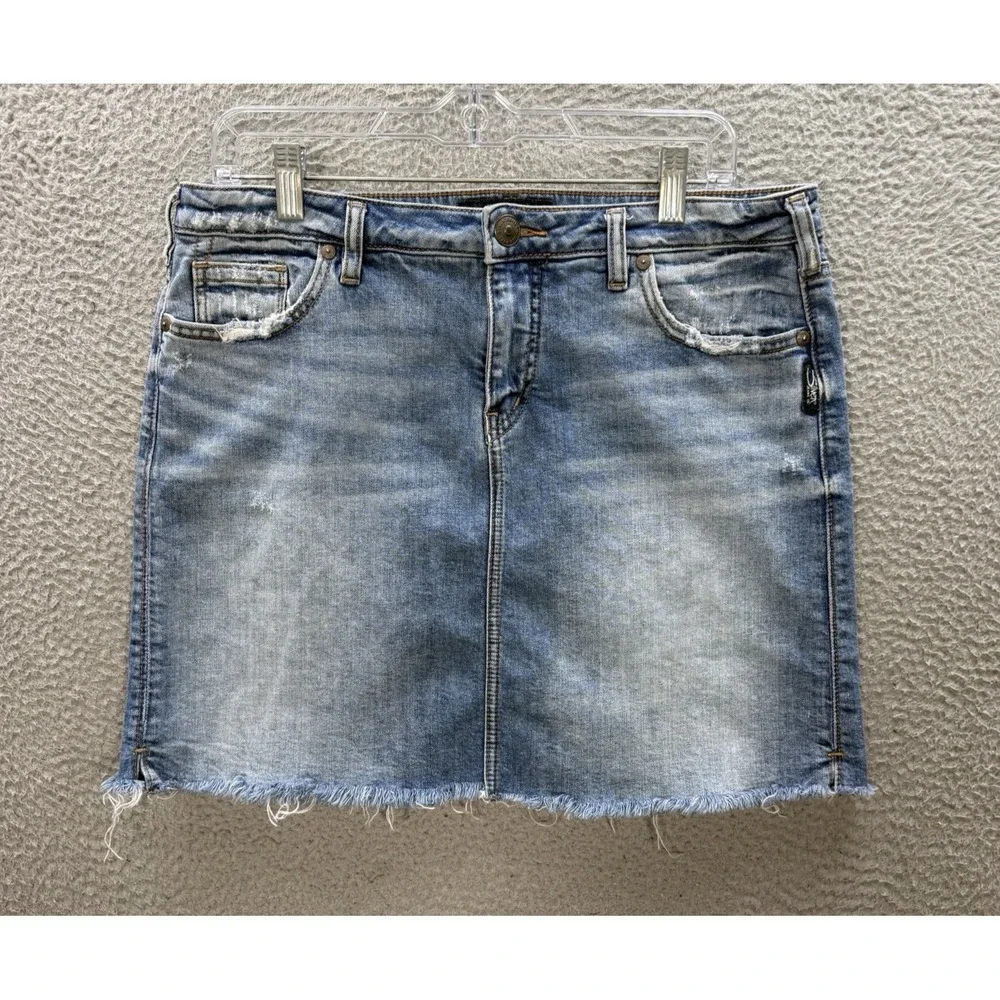 Silver Jeans Skirt Womens 8 Blue Francy Mini Stretch Raw Hem Distressed Denim